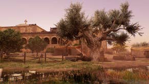 assassins creed mirage, a landscape shop of a large tree outside the Nestorian Monastery.