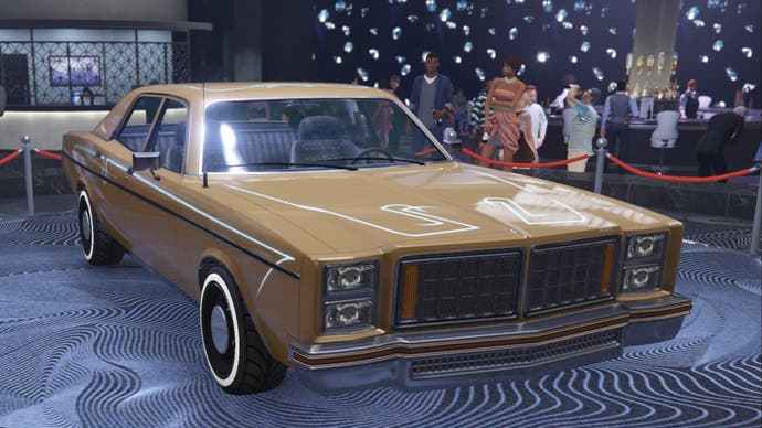 GTA Online, image shows an angled view of a brown bravado greenwood car parked on the podium in the middle of a casino.