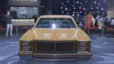 GTA Online, front-on view of a brown Bravado Greenwood car parked on the podium in the middle of a casino.