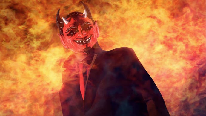 gta online newswire promo art showing someone wearing the scarlet vintage devil mask