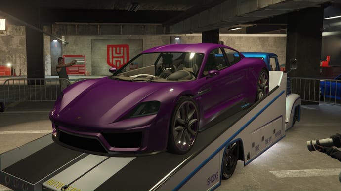 gta online, a purple pfister neon car is parked on the ls car meet slam van