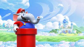 Elephant Mario pops out of a warp pipe in Super Mario Bros. Wonder.